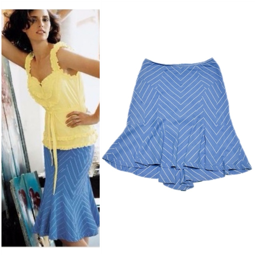 Anthropologie Odille Mermaid Midi Skirt A-Line Fishtail Hem Powder Blue Striped